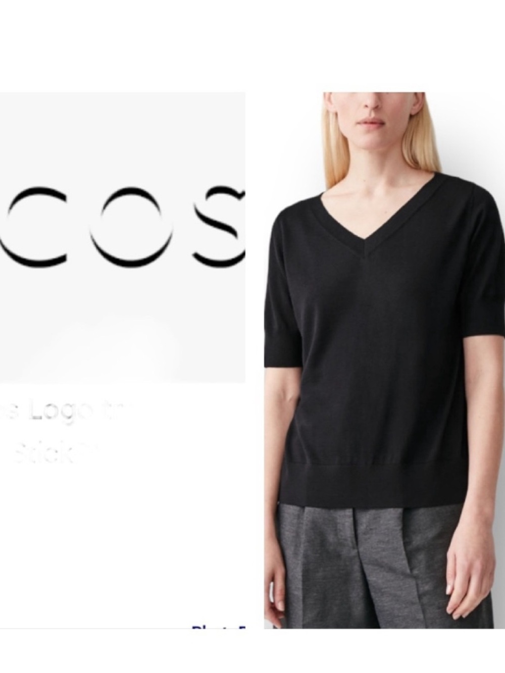 COS Black V Neck Knit Top Minimalist Oversized Boxy Short Sleeve Sweater M